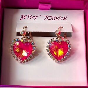 Betsey Johnson Heart Drop Rhinestone Earrings Pink Gold Tone